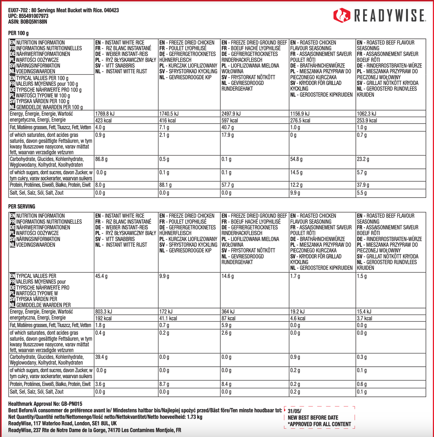 Cubo para 80 porciones de carne y arroz, liofilizado, hasta 15 años