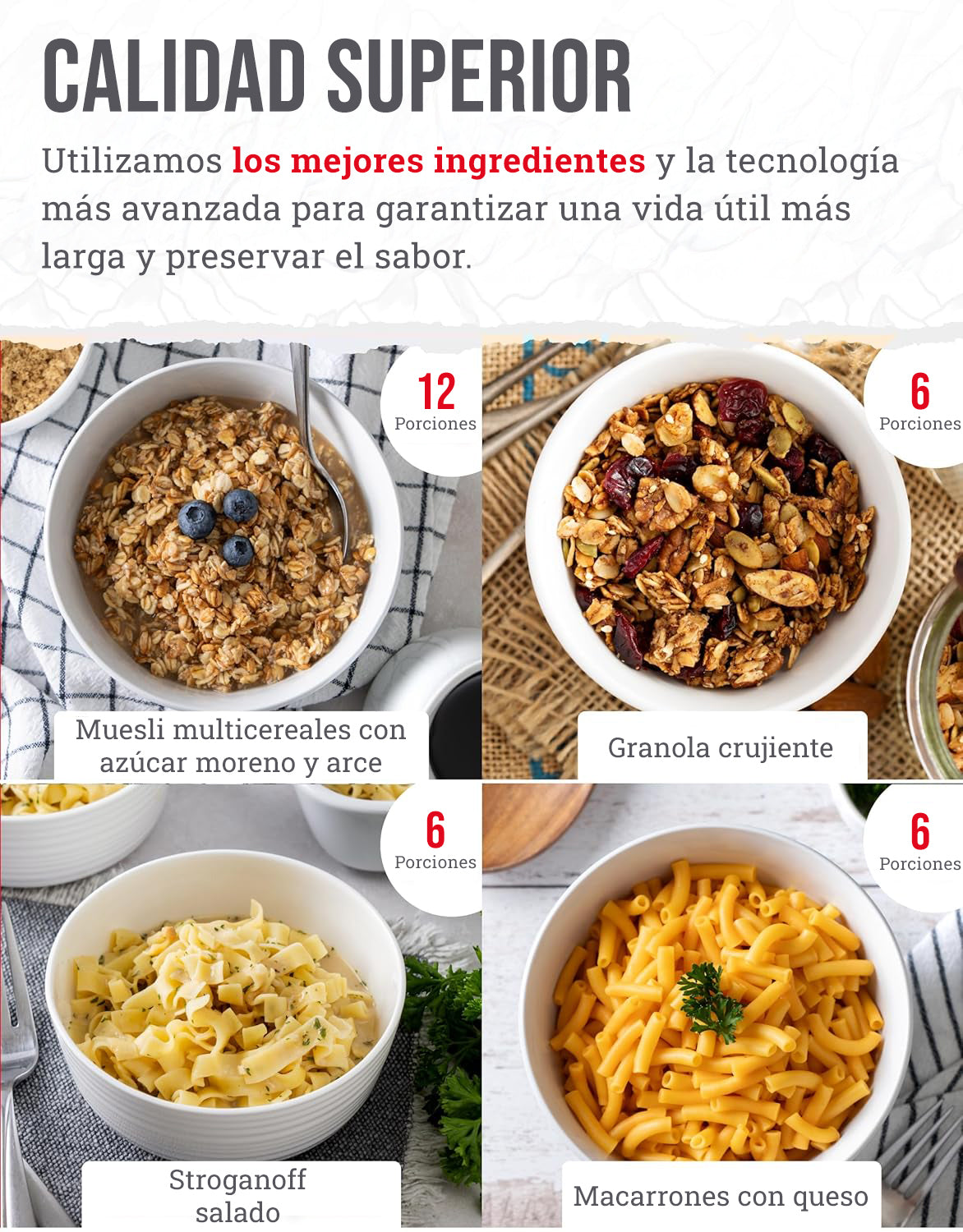 60 porciones de desayuno y plato principal liofilizados, DryBag, hasta 25 años