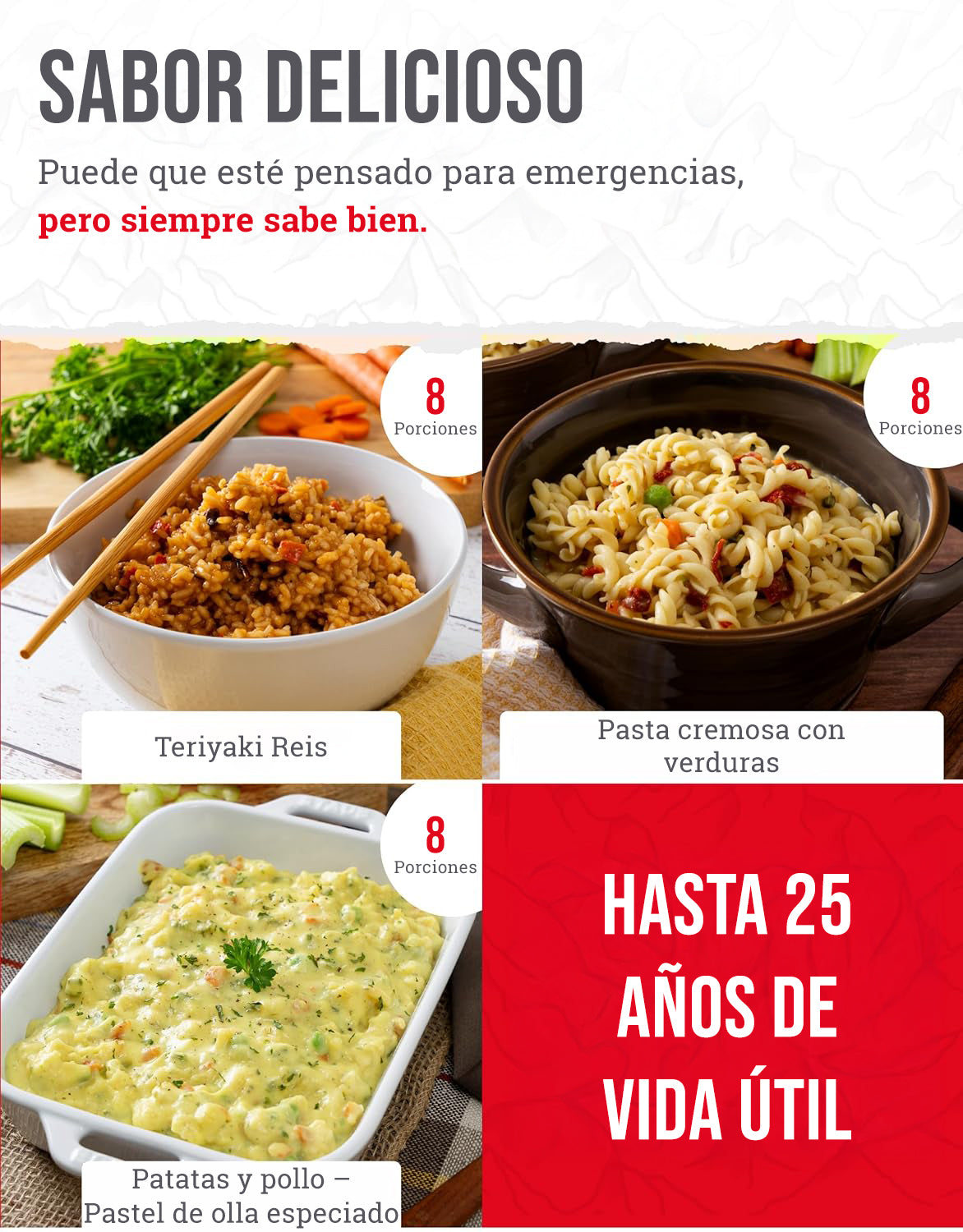 ReadyWise – Kit 60 porciones completo en bolsa estanca, liofilizado, 25 años