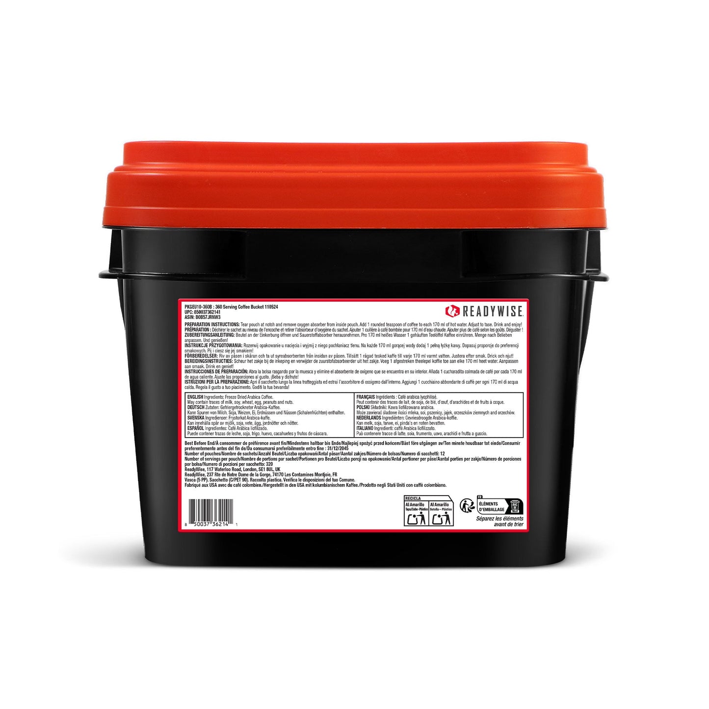 ReadyWise, 360 porciones, cubeta para café, hasta 15 años de vida útil