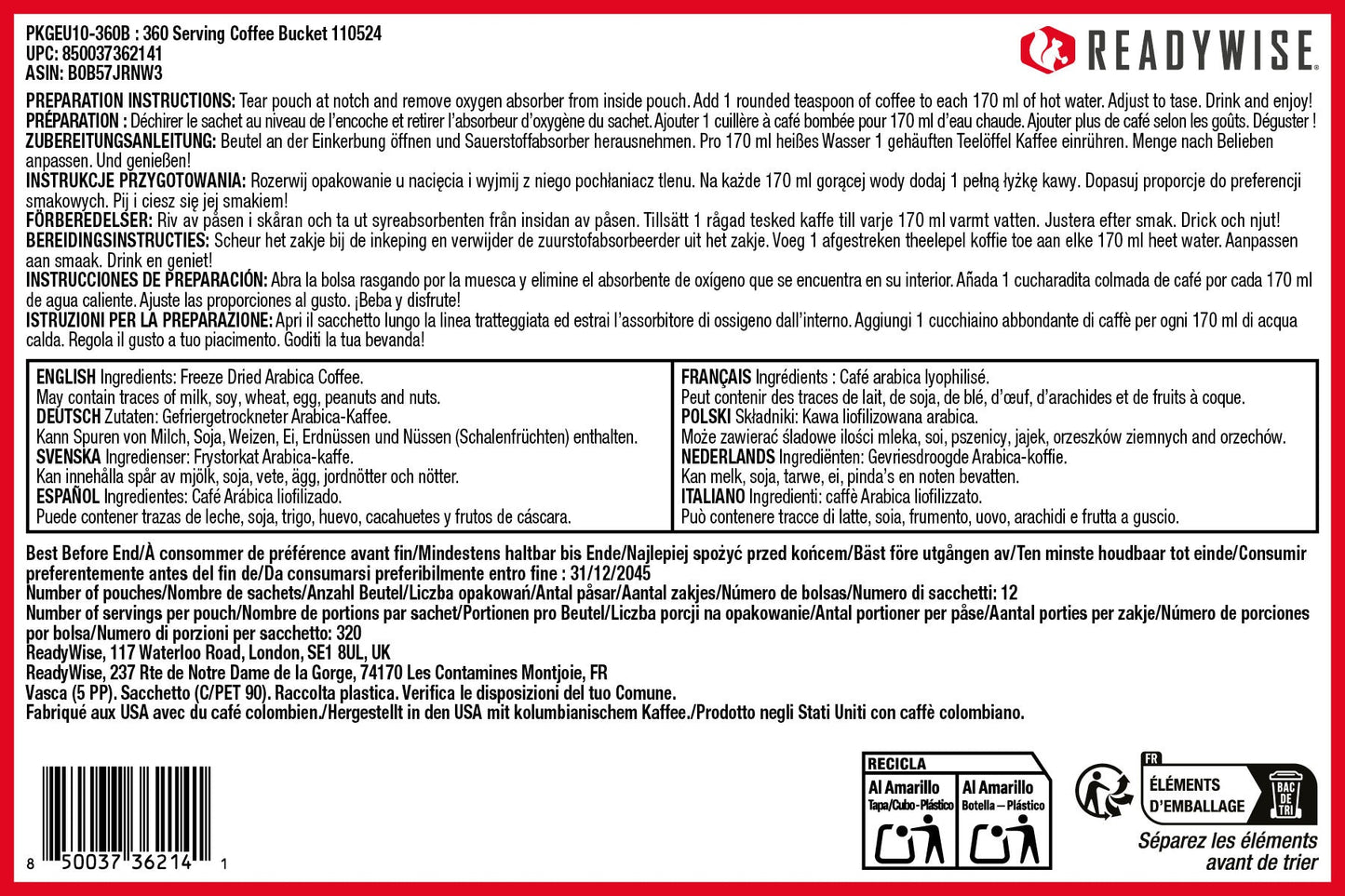 ReadyWise, 360 porciones, cubeta para café, hasta 15 años de vida útil