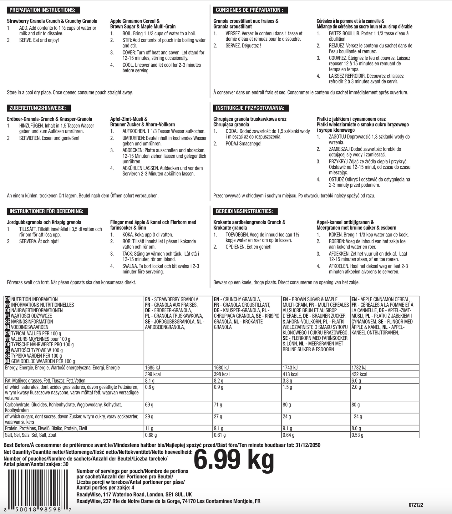 120 porciones de desayuno, comidas vegetarianas liofilizadas, hasta 25 años