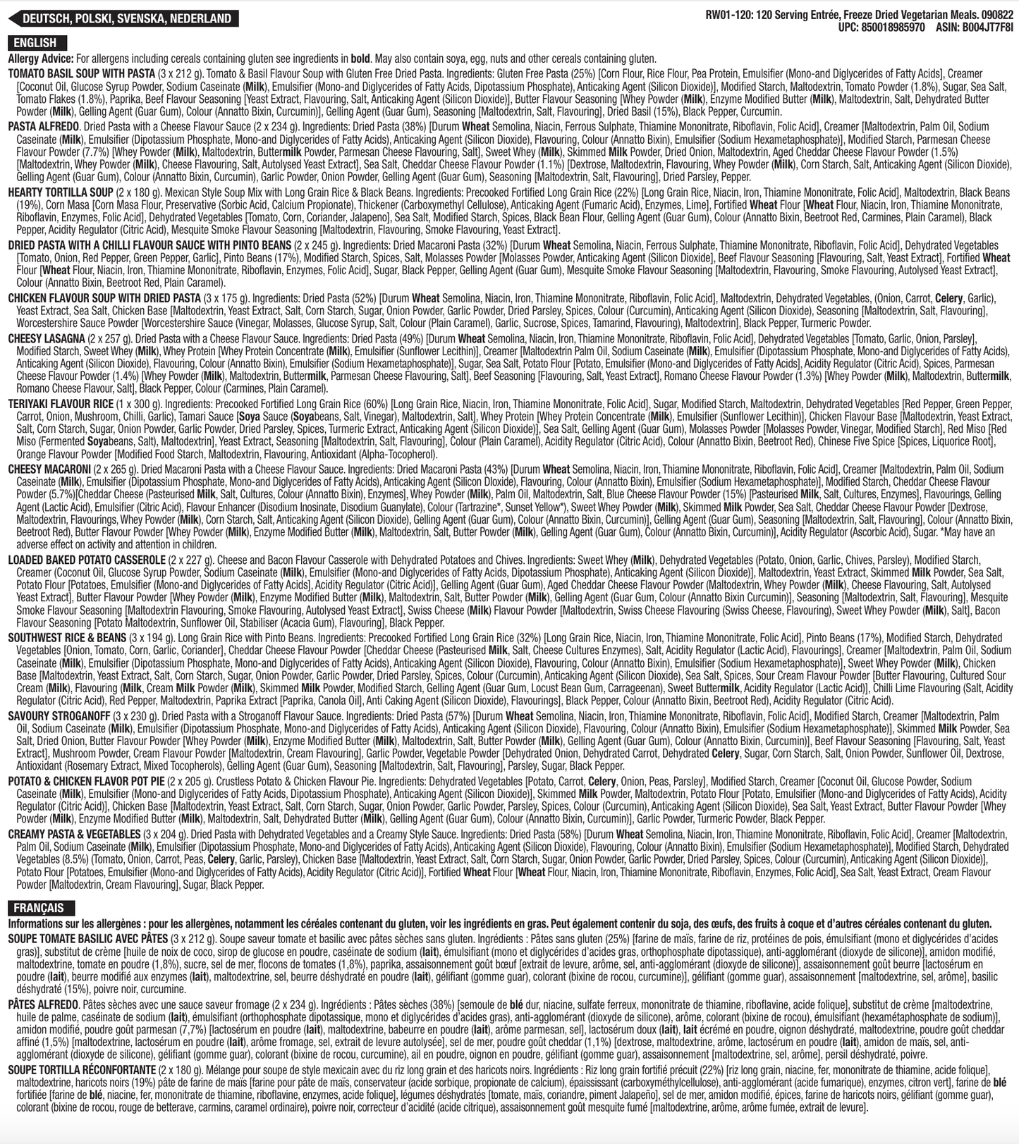 Plato principal de 120 porciones, comidas vegetarianas liofilizadas, hasta 25 años