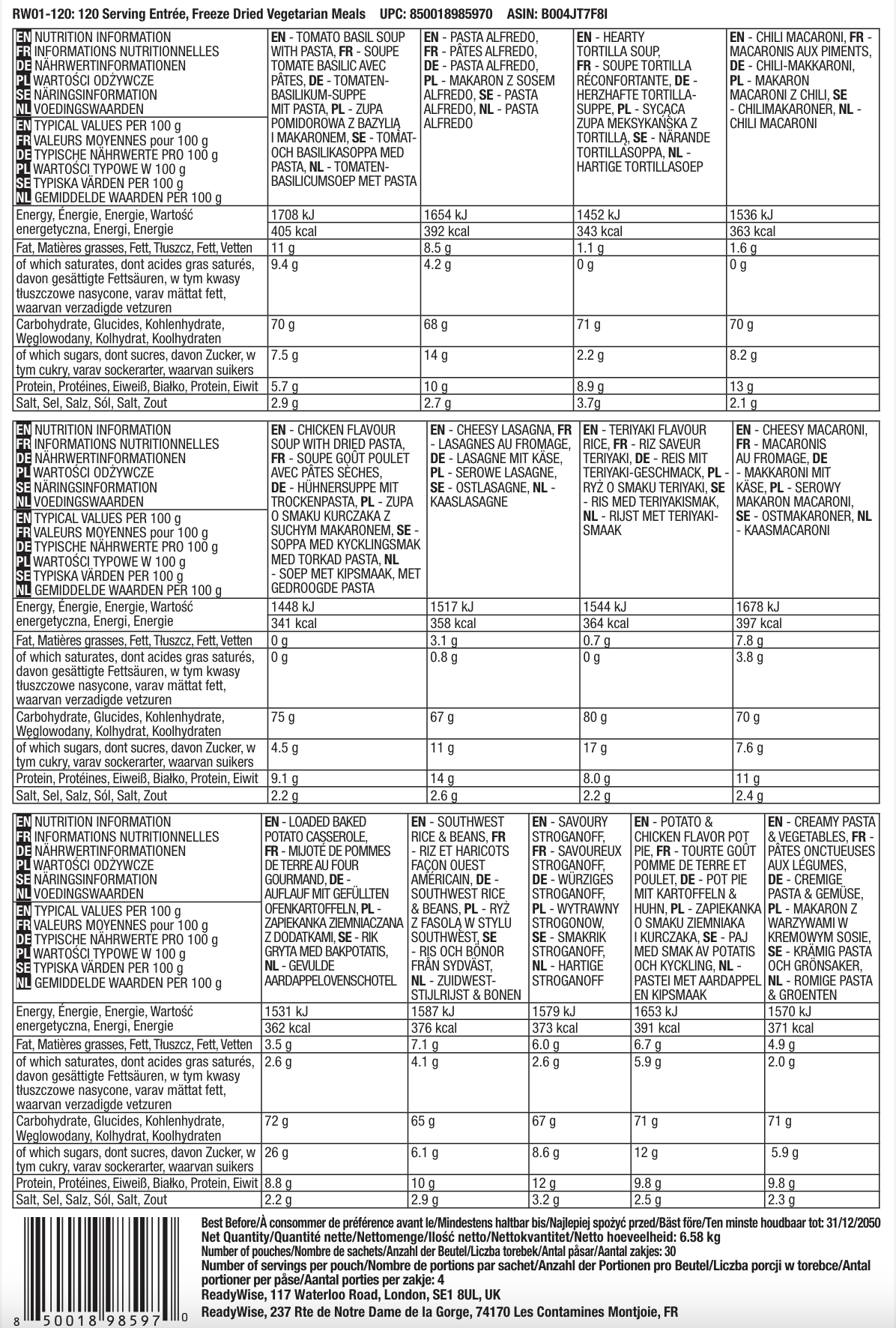Plato principal de 120 porciones, comidas vegetarianas liofilizadas, hasta 25 años