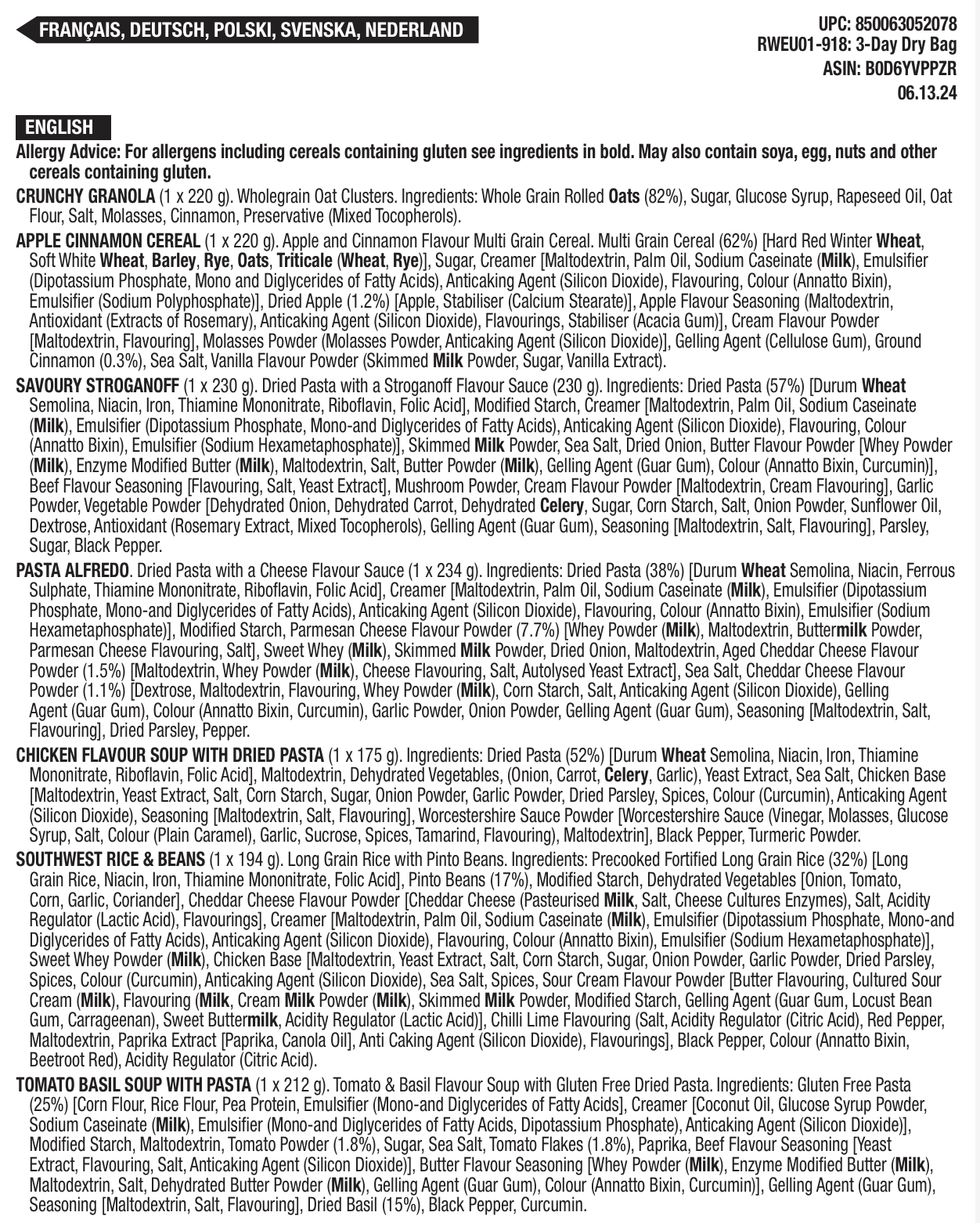 28 porciones de desayuno y plato principal liofilizados, DryBag, hasta 25 años