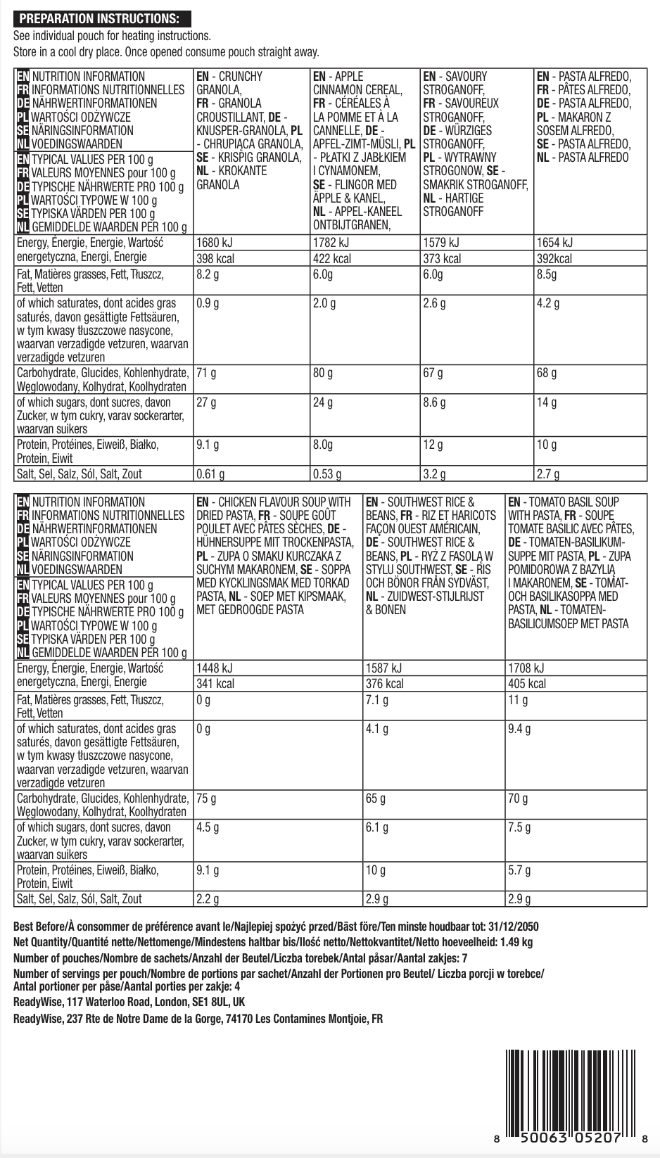 28 porciones de desayuno y plato principal liofilizados, DryBag, hasta 25 años