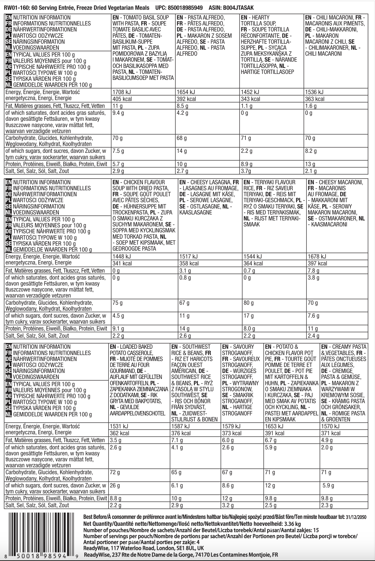 Plato principal de 60 porciones, comidas vegetarianas liofilizadas, hasta 25 años