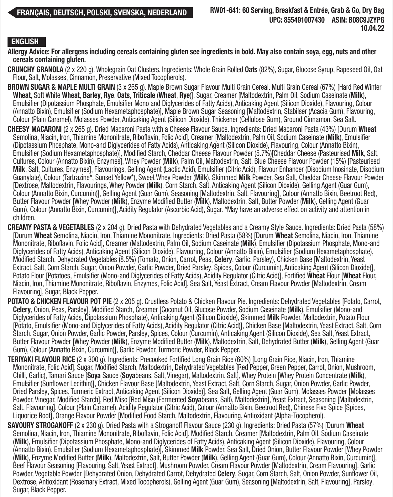 60 porciones de desayuno y plato principal liofilizados, DryBag, hasta 25 años