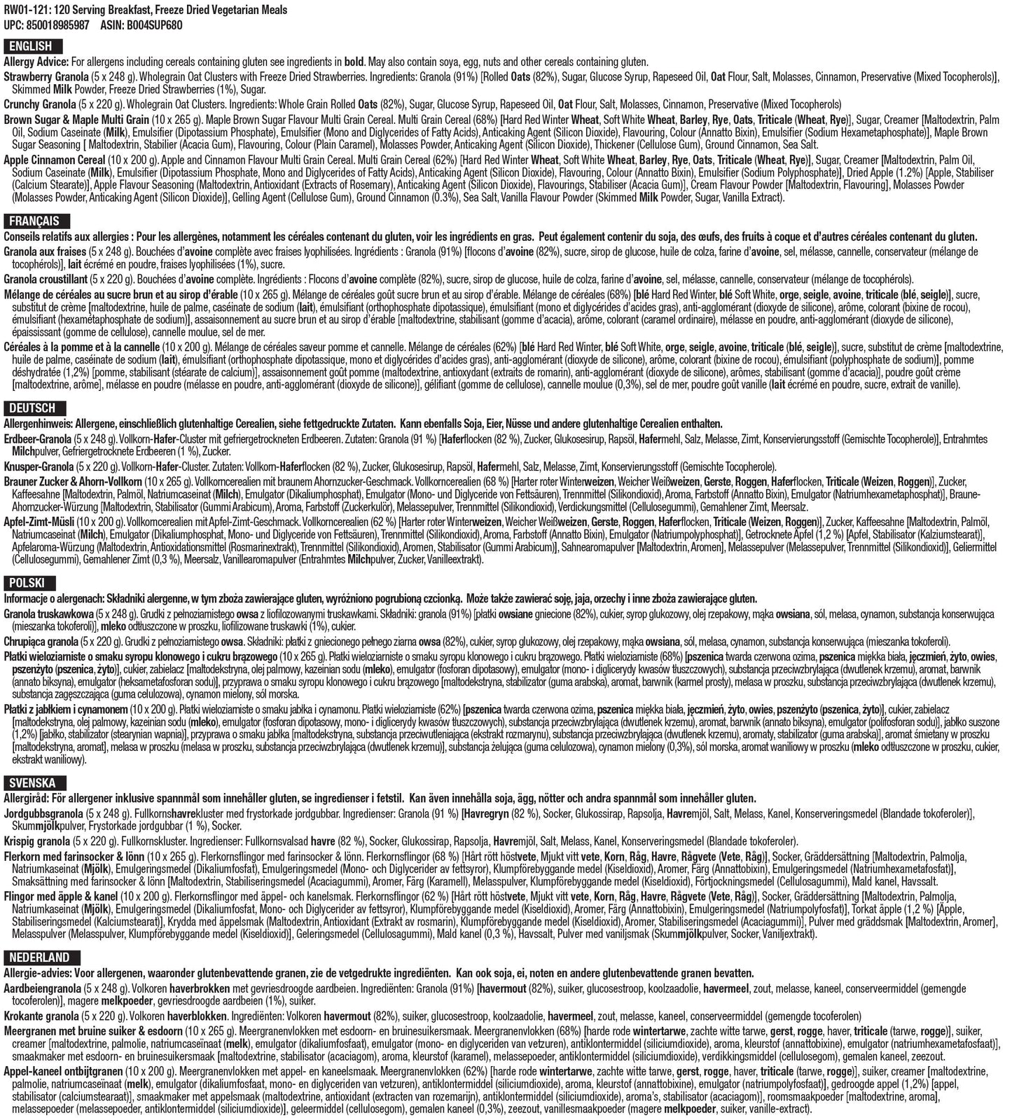 120 porciones de desayuno, comidas vegetarianas liofilizadas, hasta 25 años