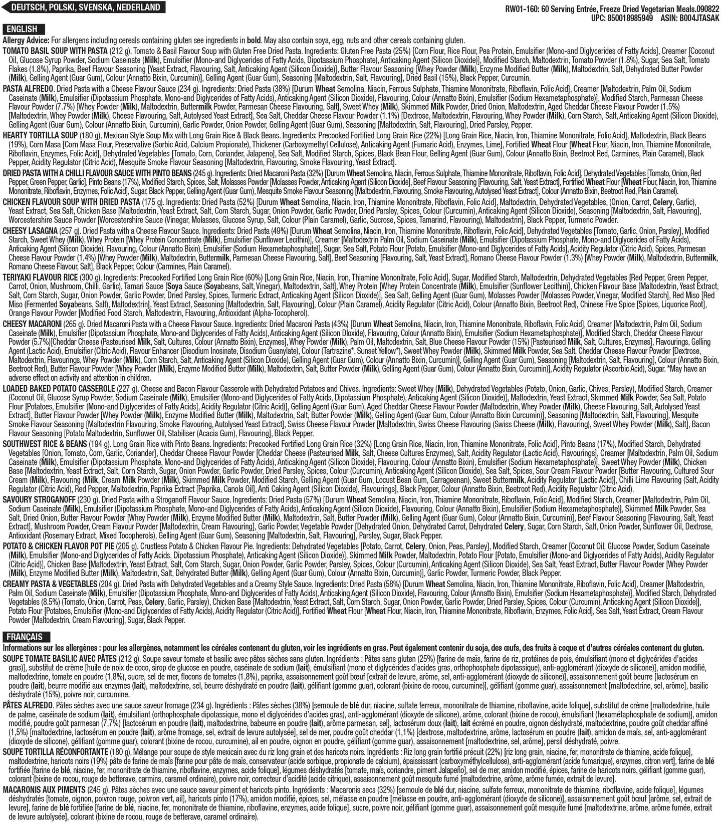 Plato principal de 60 porciones, comidas vegetarianas liofilizadas, hasta 25 años