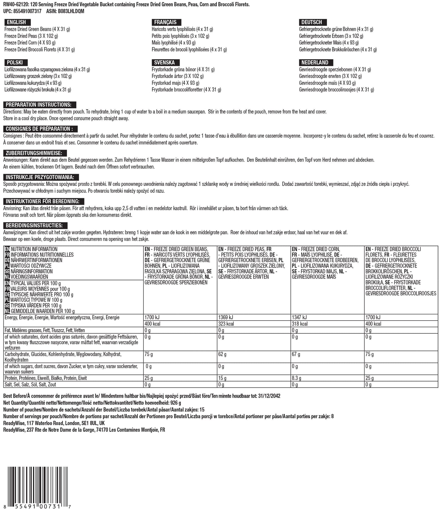 Cubo de verduras liofilizadas para 120 porciones, hasta 25 años